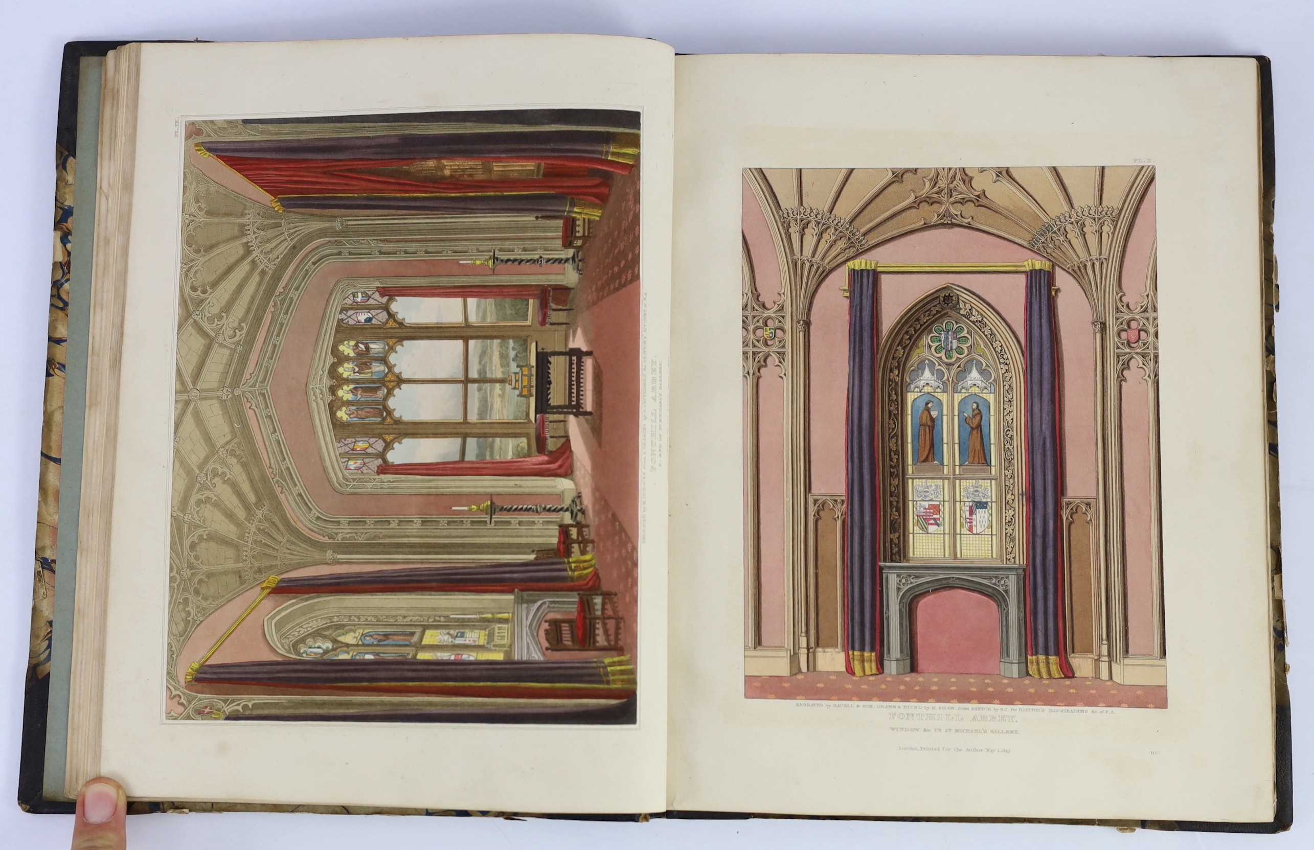 SOMERSET: Britton, John - Graphical and Literary Illustrations of Fonthill Abbey, 4to, half calf, with engraved title and 1 only plates, 2 of the hand-coloured, front fly leaf, frontis and title stained, London, 1823, bo